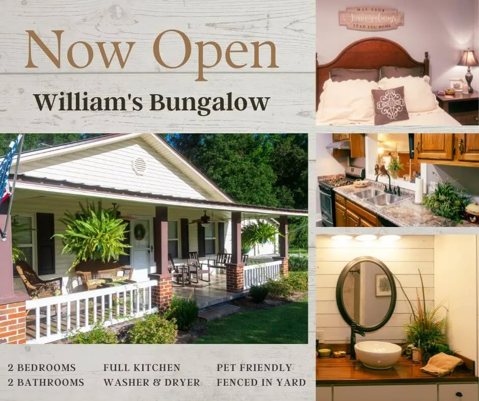 William's Bungalow 'Now Open' announcement graphic showing the rental home's porch, bedroom, kitchen, and bath