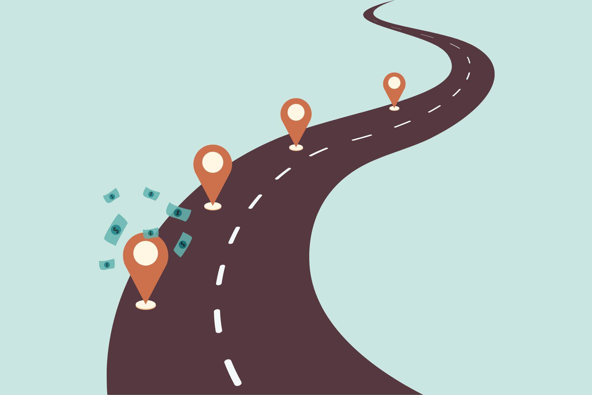 Illustration of a winding road with location pins marking stops along the customer journey