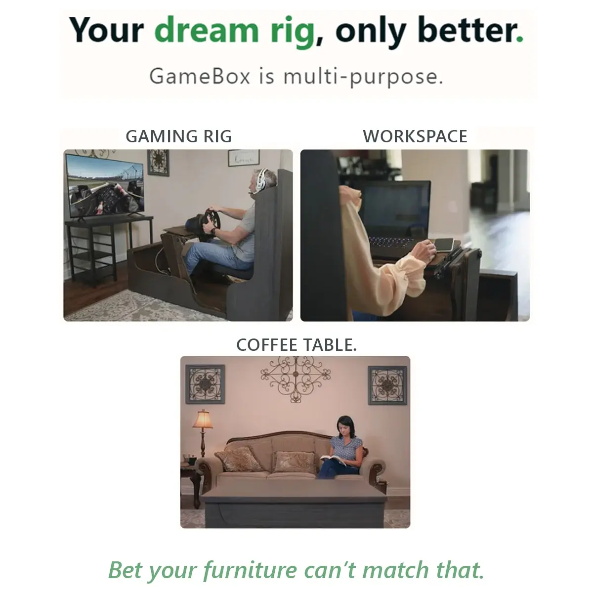 BoxCave GameBox ad, "Your dream rig, only better": the same piece as a gaming rig, a workspace, and a coffee table