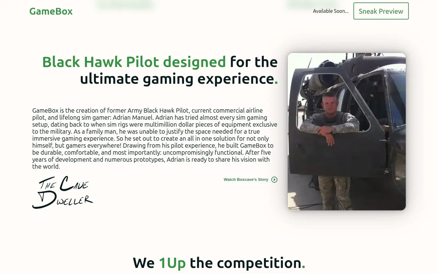 BoxCave GameBox page section on its designer, a former Army Black Hawk pilot, with his photo and signature