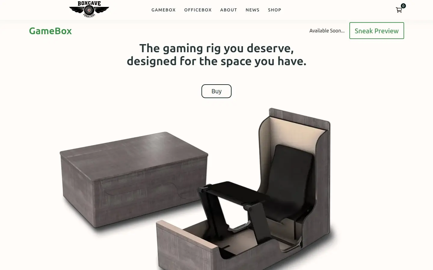 BoxCave GameBox pre-order page built by AVO Dynamics: "The gaming rig you deserve, designed for the space you have" over a 3D render of the coffee table and seat