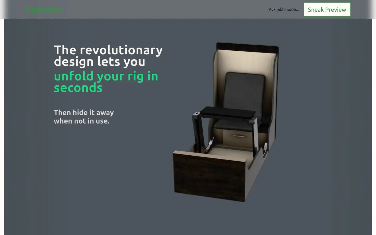 BoxCave GameBox page, mid-scroll: the 3D seat unfolds beside the line "The revolutionary design lets you unfold your rig in seconds"