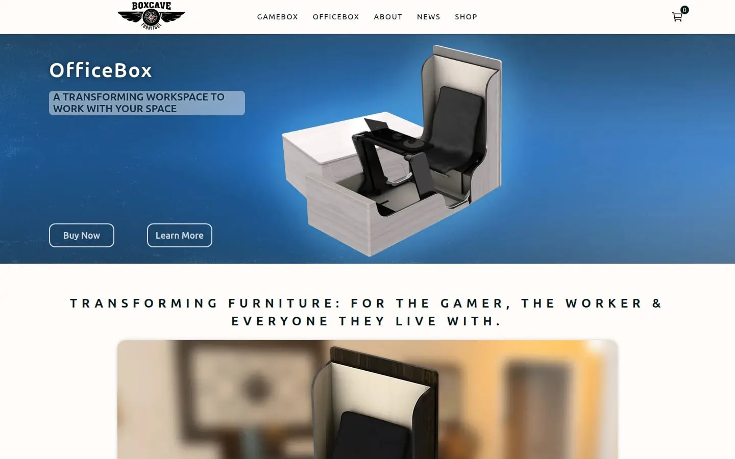 BoxCave Furniture home page built by AVO Dynamics: the OfficeBox hero, "A transforming workspace to work with your space"
