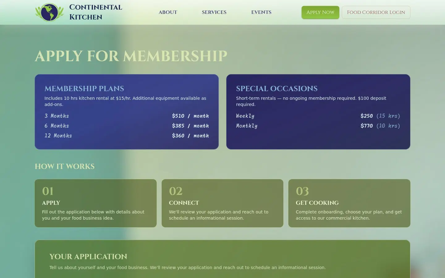 Continental Kitchen membership application page, built by AVO Dynamics: membership plans and short-term rentals with prices, then a three-step how-it-works and the application form