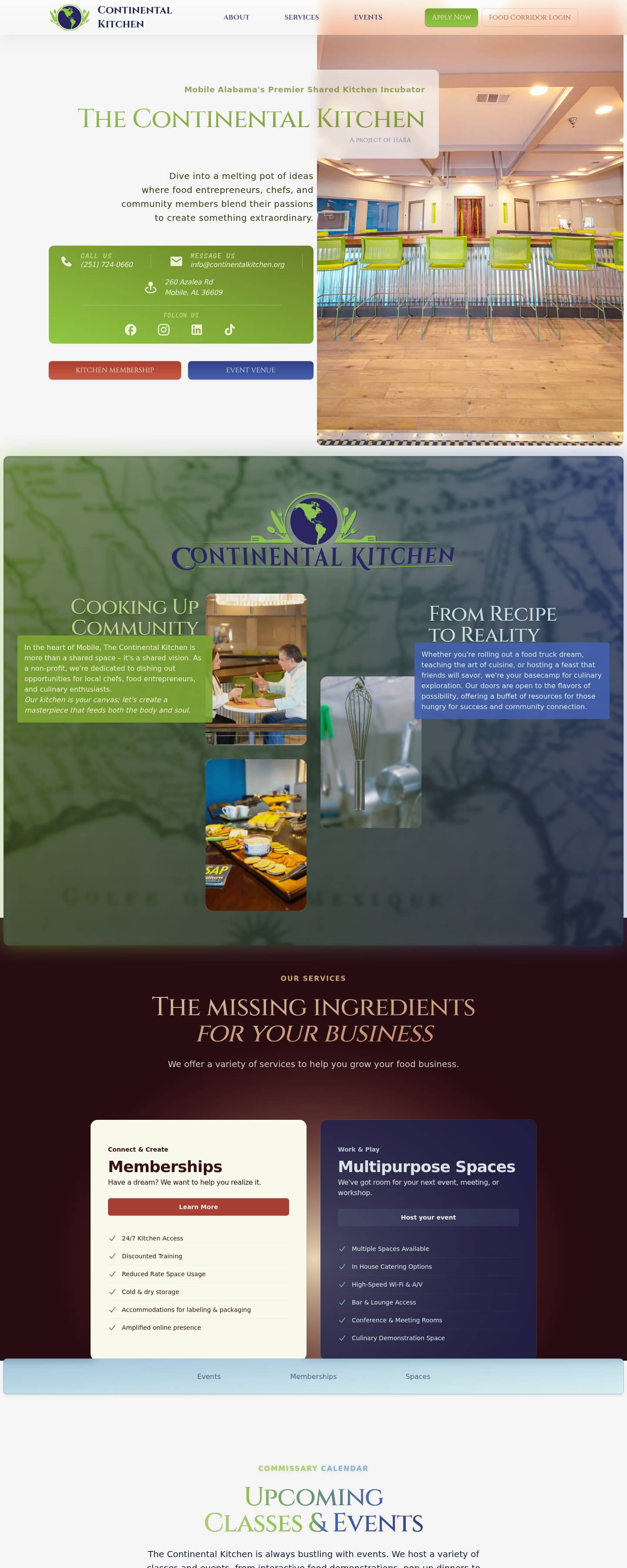 Continental Kitchen home page, built by AVO Dynamics: 'The Continental Kitchen', Mobile's shared kitchen incubator, with its memberships, event venue, and upcoming classes