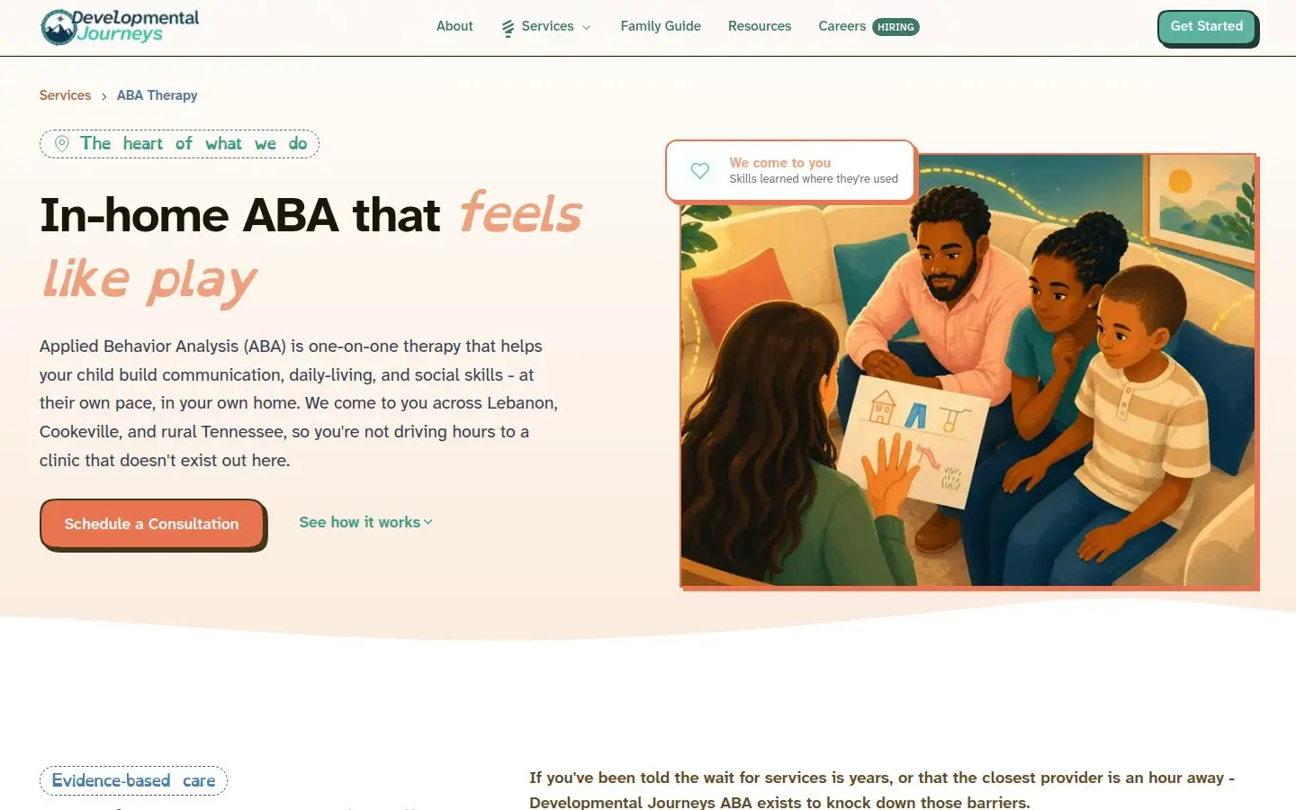 Developmental Journeys ABA therapy page, built by AVO Dynamics: the headline 'In-home ABA that feels like play' beside an illustration of a therapist working with a family at home