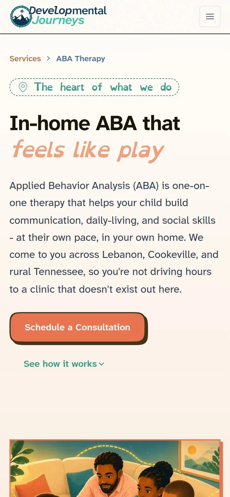 Developmental Journeys ABA therapy page on a phone, built by AVO Dynamics: 'In-home ABA that feels like play' with a Schedule a Consultation button