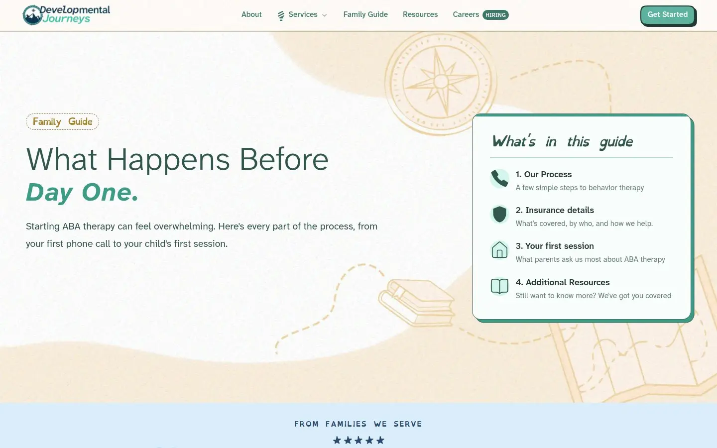 Developmental Journeys Family Guide, built by AVO Dynamics: 'What Happens Before Day One', with a guide to the process, insurance, and the first session