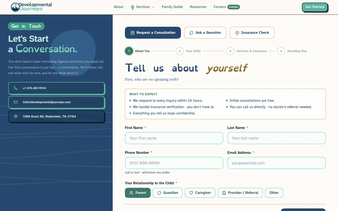 Developmental Journeys intake form, built by AVO Dynamics: four steps from 'About You' to 'Anything Else', with Provider / Referral among the ways to reach out