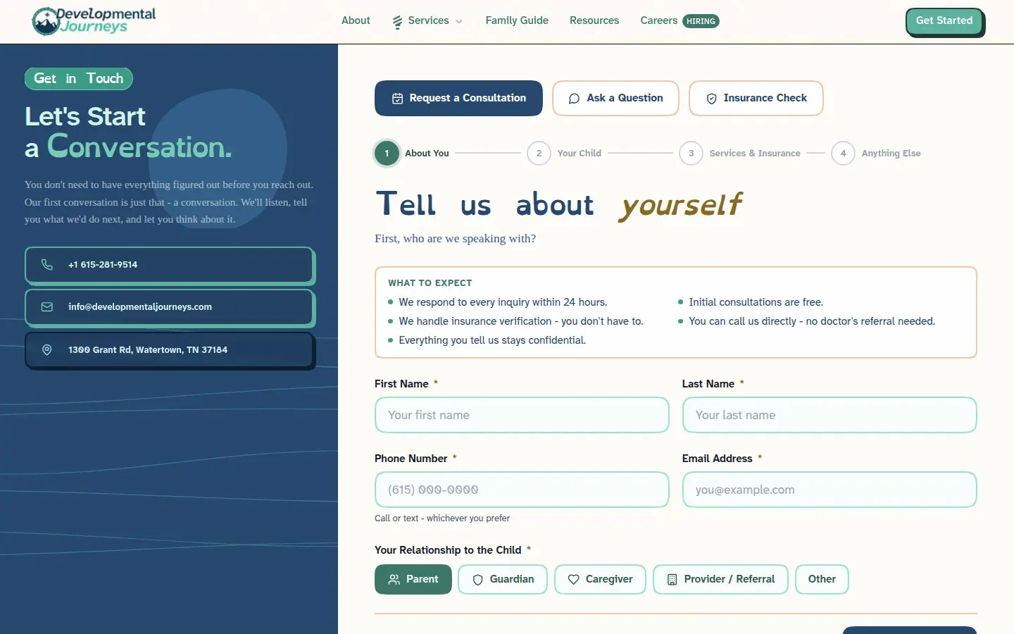 Developmental Journeys intake form, built by AVO Dynamics: four steps from 'About You' to 'Anything Else', with Provider / Referral among the ways to reach out