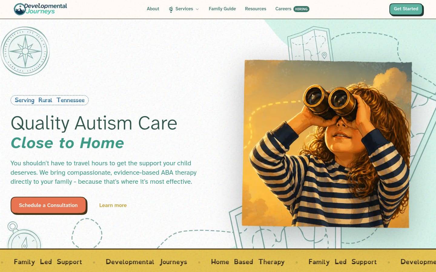 Developmental Journeys home page, built by AVO Dynamics: the headline 'Quality Autism Care Close to Home', a consultation button, and an illustration of a child looking through binoculars