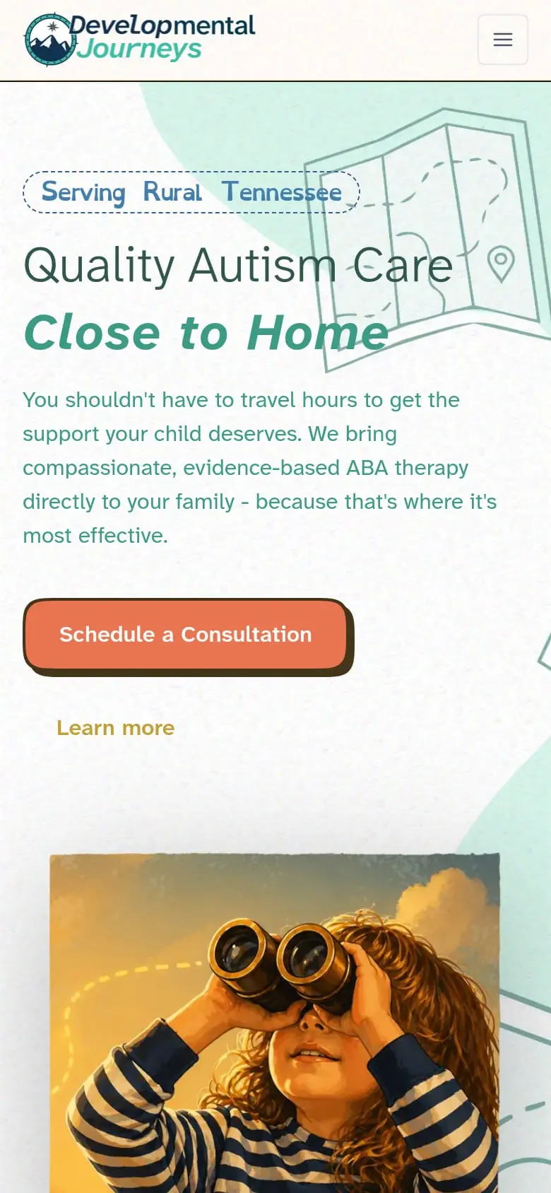 Developmental Journeys home page on a phone, built by AVO Dynamics: 'Quality Autism Care Close to Home' with a Schedule a Consultation button