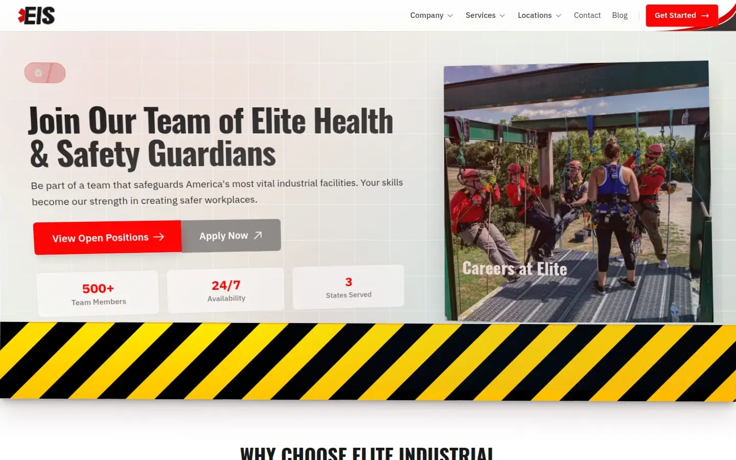 Elite Industrial careers page, built by AVO Dynamics: 'Join Our Team of Elite Health & Safety Guardians', with open-positions and apply buttons and a photo of a rope-rescue team