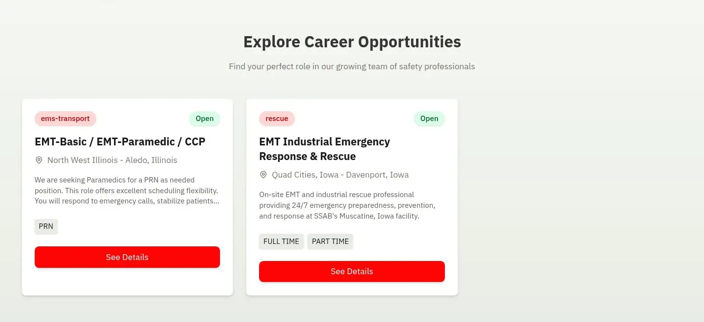 Elite Industrial careers page, built by AVO Dynamics: two open roles, EMT-Basic / EMT-Paramedic / CCP in Aledo, Illinois, and EMT Industrial Emergency Response & Rescue in the Quad Cities