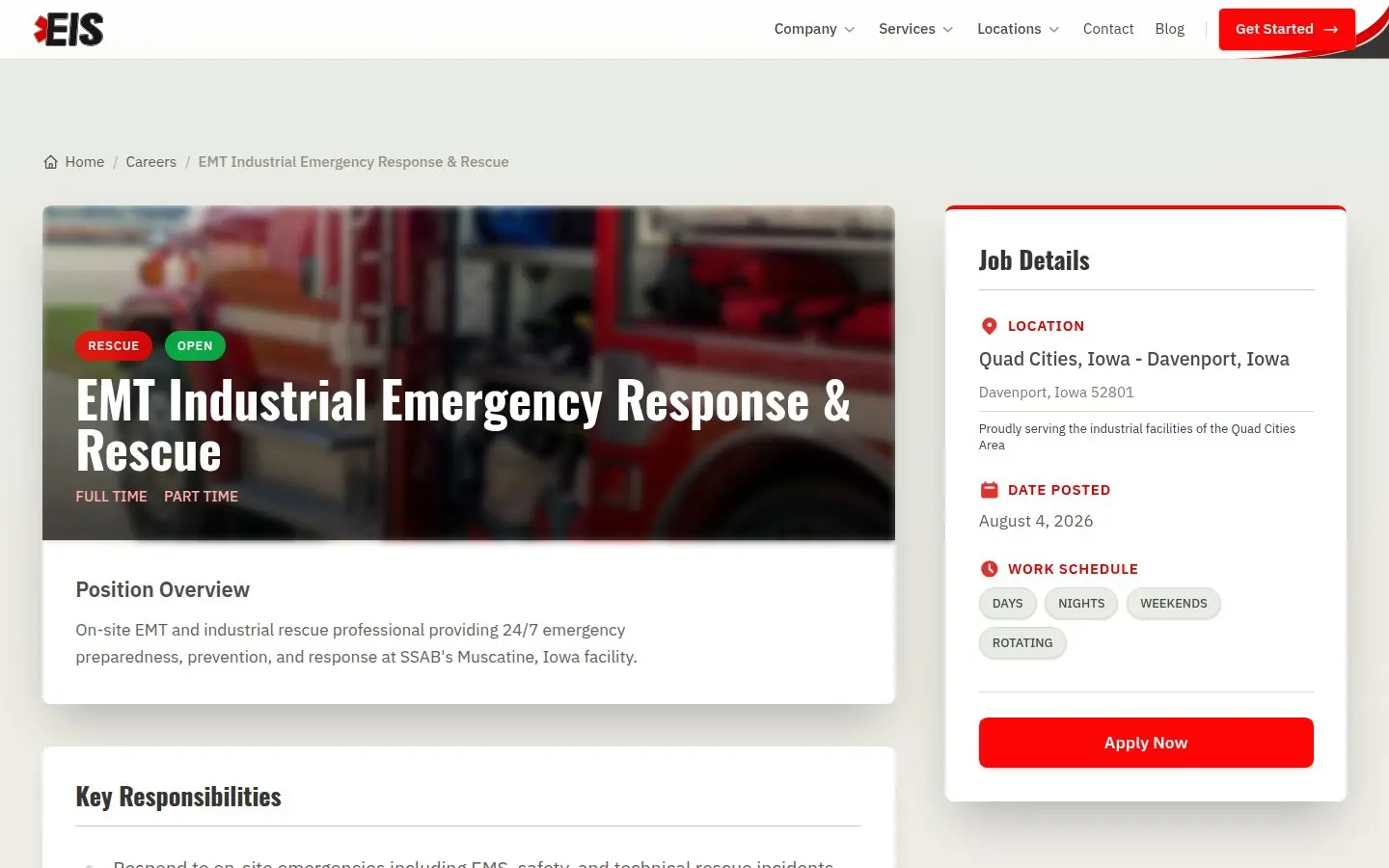 Elite Industrial job posting, written and built by AVO Dynamics: EMT Industrial Emergency Response & Rescue in the Quad Cities, with job details and an Apply Now button