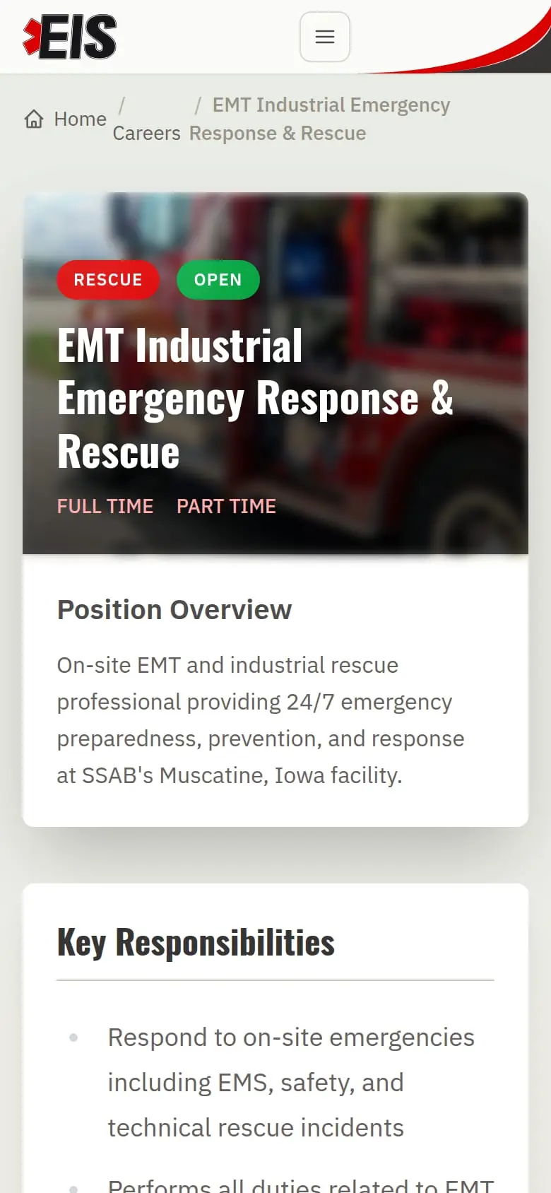 Elite Industrial job posting on a phone, built by AVO Dynamics: EMT Industrial Emergency Response & Rescue, open, full time and part time, with the position overview