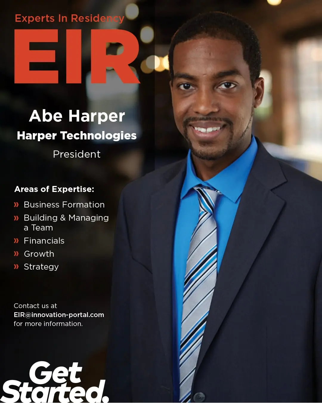 Innovation Portal Experts in Residence poster for Abe Harper, president of Harper Technologies, listing his areas of expertise