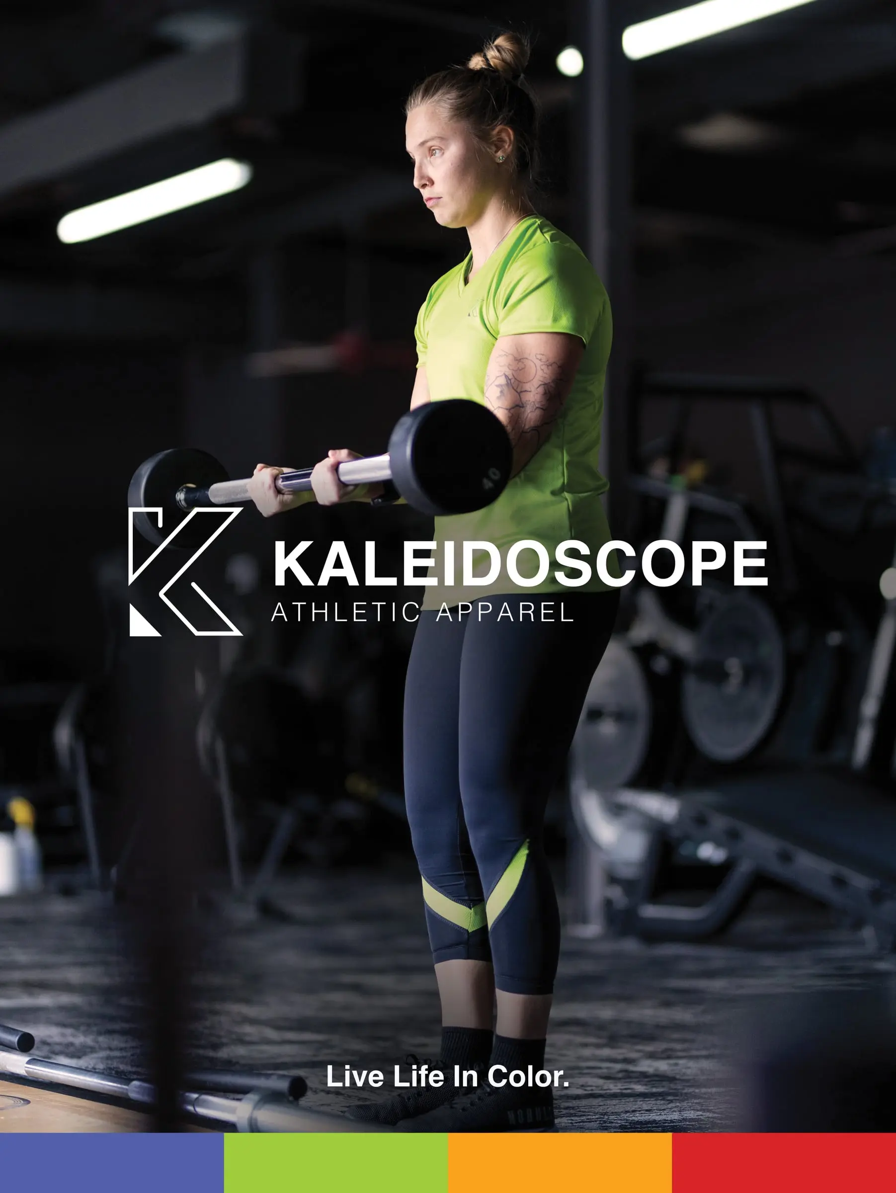 Kaleidoscope Athletic Apparel gym poster: a woman curls a barbell in a green tee and dark leggings