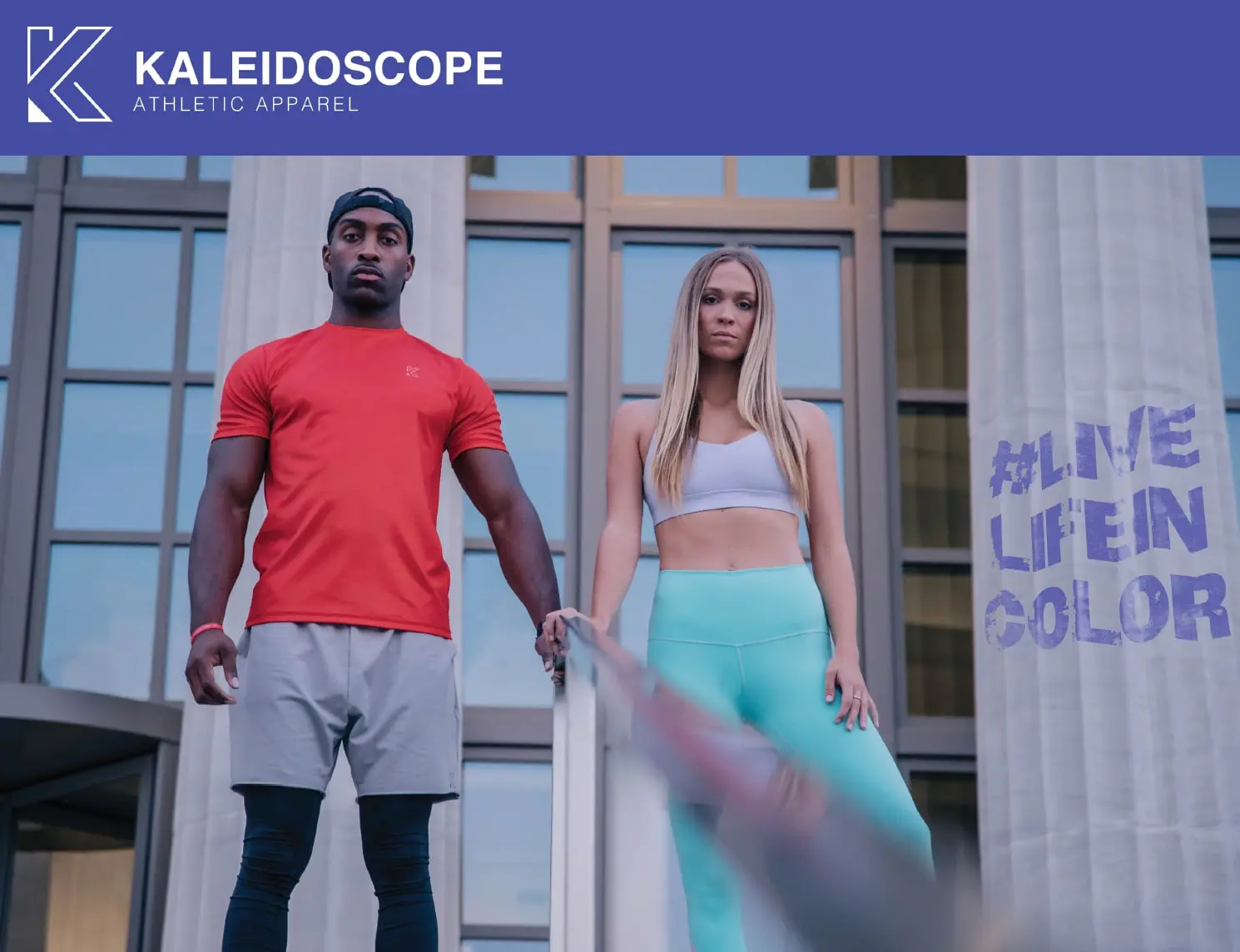 Kaleidoscope Athletic Apparel order book cover: two models in the red tee and turquoise leggings outside a columned building, with #LiveLifeInColor