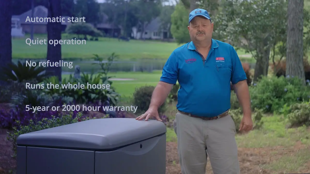 LaConsay Air & Heating generator commercial, filmed by AVO Dynamics: the owner stands beside a home generator while on-screen text lists automatic start, quiet operation, no refueling, runs the whole house, and the warranty