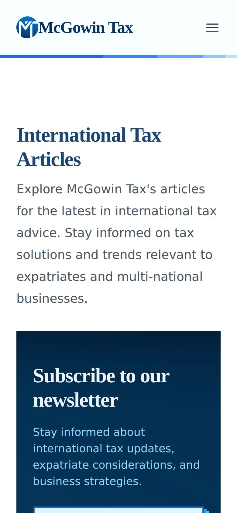 McGowin Tax articles page on a phone, built by AVO Dynamics: International Tax Articles, with the newsletter signup