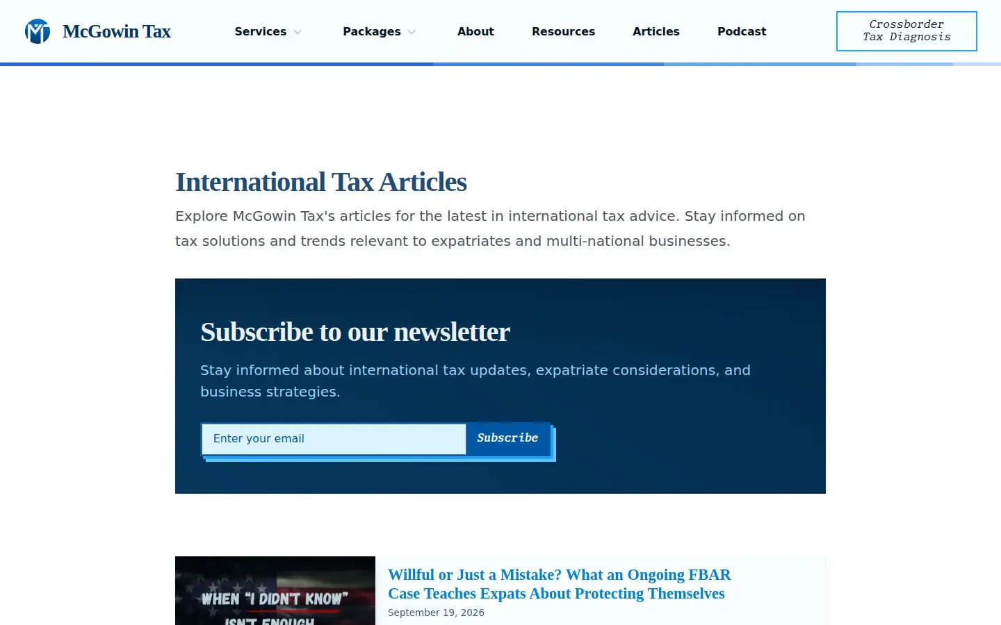 McGowin Tax articles page, built by AVO Dynamics: International Tax Articles, with a newsletter signup above the latest article
