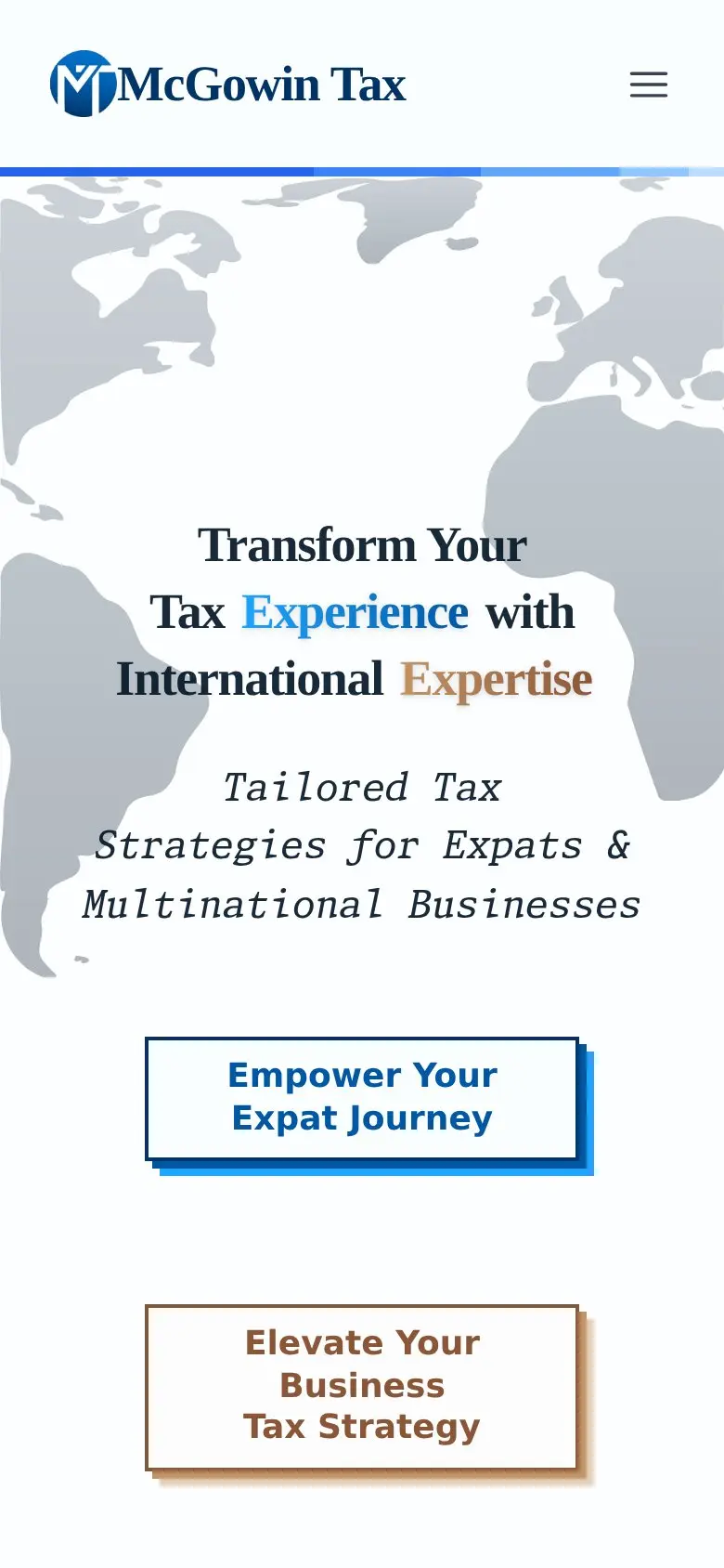 McGowin Tax home page on a phone, built by AVO Dynamics: 'Transform Your Tax Experience with International Expertise'