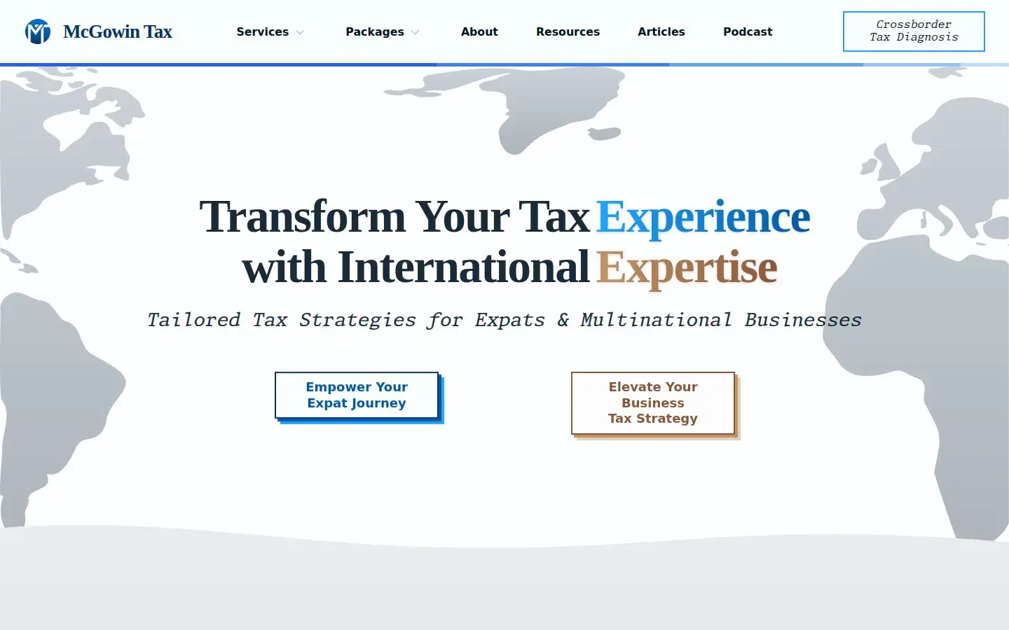 McGowin Tax home page, built by AVO Dynamics: the headline 'Transform Your Tax Experience with International Expertise' over a world map, with paths for expats and businesses