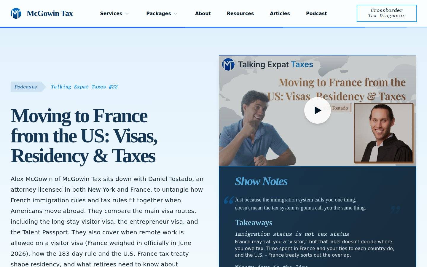 McGowin Tax podcast page, filmed and built by AVO Dynamics: Talking Expat Taxes episode 22, with Alex McGowin and attorney Daniel Tostado on moving to France from the US, with show notes and takeaways