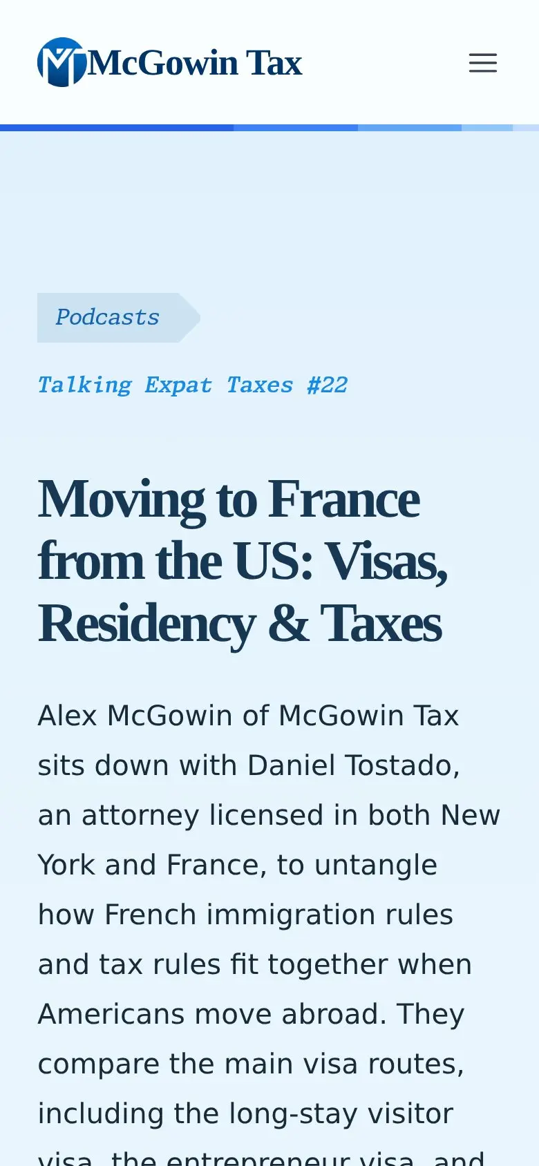 McGowin Tax podcast page on a phone, built by AVO Dynamics: Talking Expat Taxes episode 22, โMoving to France from the US: Visas, Residency & Taxesโ