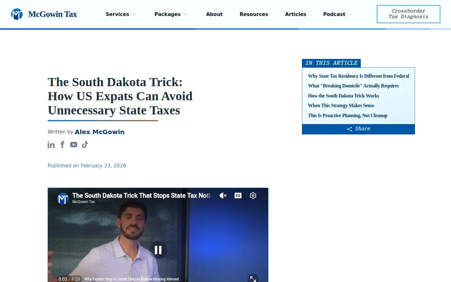 McGowin Tax article page, built by AVO Dynamics from a filmed episode: โThe South Dakota Trick,โ written by Alex McGowin, with the video above the text