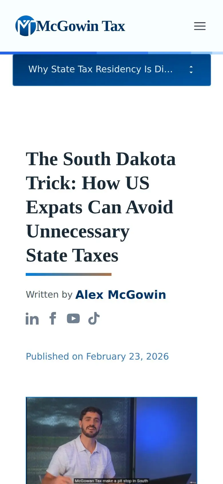 McGowin Tax article page on a phone, built by AVO Dynamics: โThe South Dakota Trick,โ written by Alex McGowin, with the filmed episode below the headline