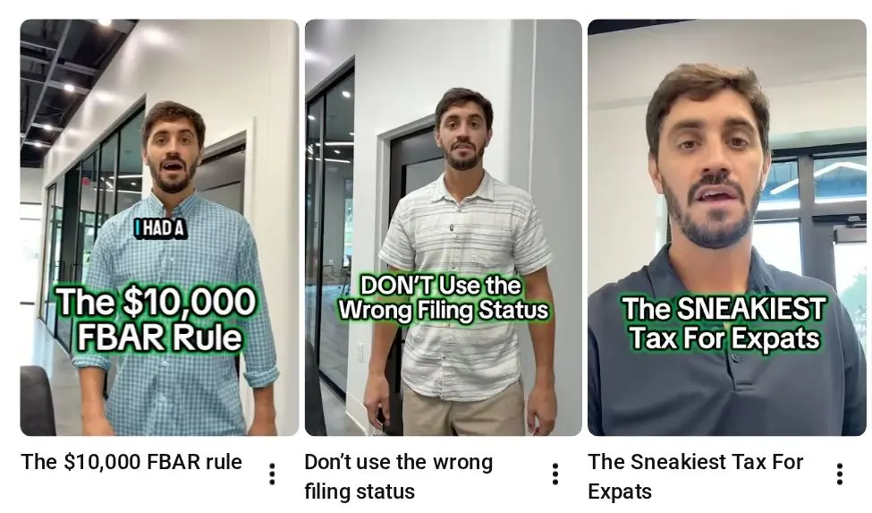 McGowin Tax's YouTube Shorts feed, produced by AVO Dynamics: three vertical clips of Alex McGowin captioned โThe $10,000 FBAR Ruleโ, โDon't Use the Wrong Filing Statusโ, and โThe Sneakiest Tax for Expatsโ