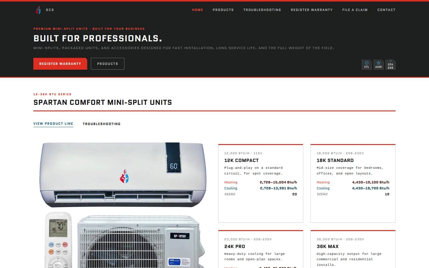Spartan Comfort Systems home page, built by AVO Dynamics: 'Built for Professionals.' with Register Warranty and Products buttons above the Spartan Comfort mini-split units