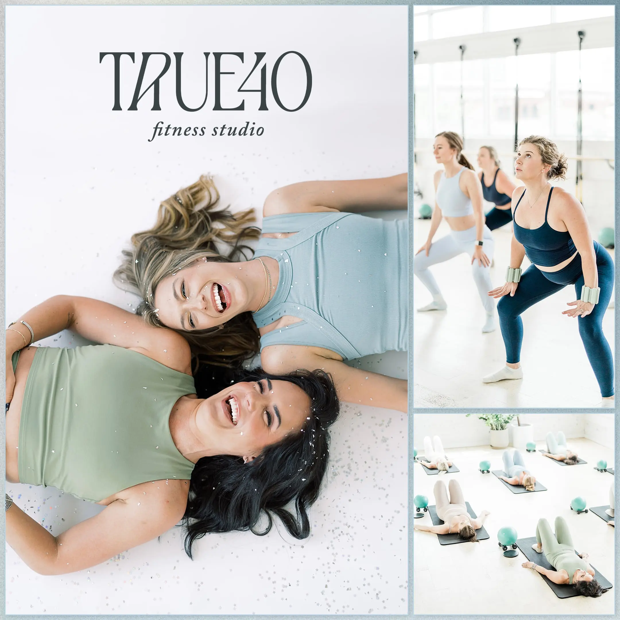 True40 Instagram collage: two members laughing on the studio floor beside class photos and the True40 Fitness Studio wordmark