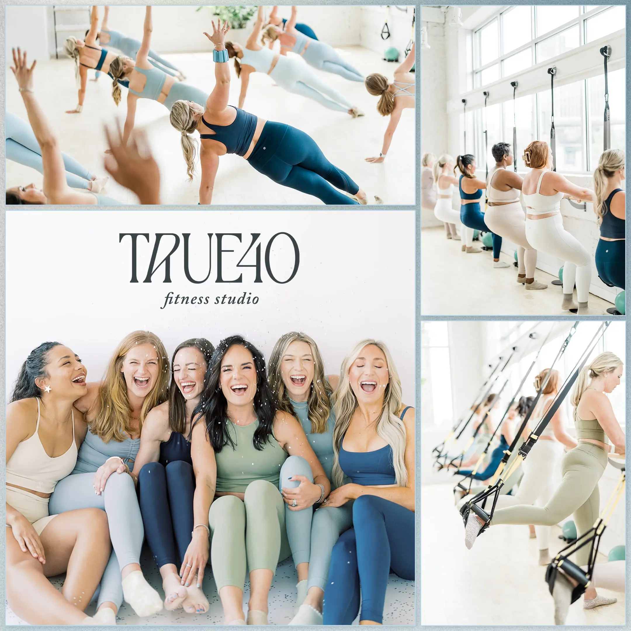 True40 Instagram collage: a group of members laughing together beside class photos and the True40 Fitness Studio wordmark