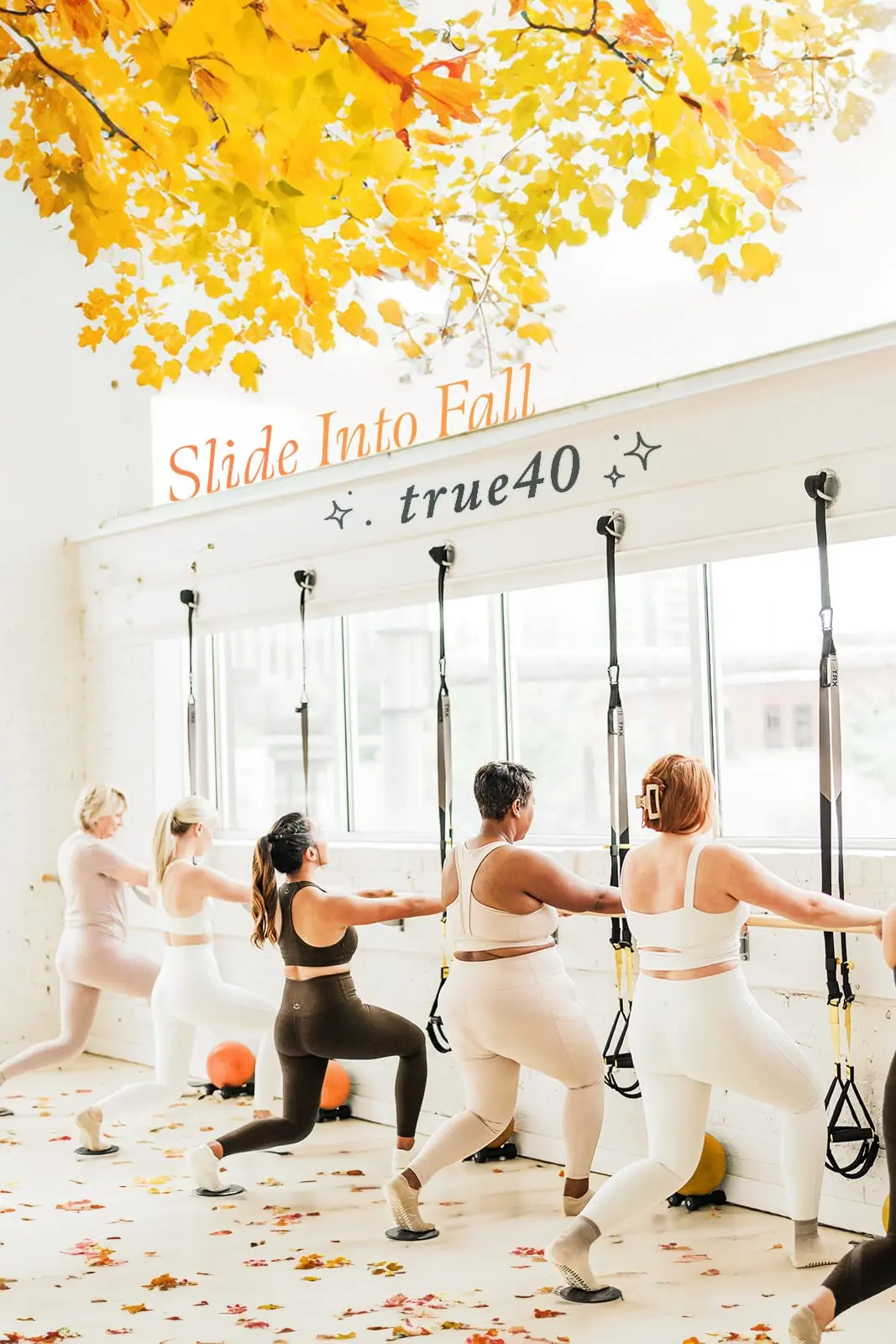 True40 "Slide Into Fall" promo: a barre class framed by autumn leaves